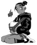  1boy aa_(sirokuro28) black_hair black_hoodie black_legwear blush closed_mouth commentary cradling dark_skin dark_skinned_male earrings egg eyelashes gen_4_pokemon greyscale half-closed_eyes holding holding_egg hood hoodie jewelry male_focus monochrome pokemon pokemon_(game) pokemon_egg pokemon_swsh raihan_(pokemon) rotom rotom_phone shoes shorts side_slit side_slit_shorts sitting smile socks undercut 