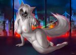  absurd_res amputee anthro black_nose breasts canid canine canis city cityscape claws detailed_background digital_media_(artwork) disability eye_patch eyewear feet female fingers fur grey_body grey_fur guppic hair hi_res inside long_hair looking_at_viewer lying mammal missing_arm missing_eye missing_limb navel nipples nude on_side pink_nipples sky smile solo toes white_body white_fur white_hair window wolf yellow_eyes 