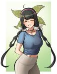  1girl absurdres ahoge alternate_costume arms_behind_back bangs black_hair blunt_bangs blush bow braid breasts chabashira_tenko choker closed_eyes collarbone commentary_request cowboy_shot danganronpa_(series) danganronpa_v3:_killing_harmony eyebrows_visible_through_hair floral_print gradient gradient_background green_background grin hair_bow hair_ornament hairband highres large_breasts long_hair mole mole_under_mouth pink_choker pink_hairband school_uniform seongkun_(agn000) short_sleeves skirt smile solo twin_braids twintails white_background 