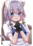  1girl absurdres animal_ear_fluff animal_ears black_gloves blue_eyes blush bow braid cat_ears cat_tail commentary eyebrows_visible_through_hair gloves hair_bow heart heart-shaped_pupils highres izayoi_sakuya kemonomimi_mode looking_at_viewer neck_ribbon open_mouth puffy_short_sleeves puffy_sleeves ribbon shiki_(s1k1xxx) short_sleeves side_braids silver_hair solo symbol-shaped_pupils tail touhou twin_braids upper_body vest waist_bow 