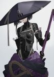  1girl armor bangs black_hair bodysuit breasts commentary_request covered_eyes elbow_gloves falslander gloves hat jingasa katana medium_hair neco open_mouth ronin_(neco) rope samurai small_breasts solo standing sword weapon 