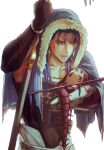  1boy 1other angry belt blood blue_hair bracelet capelet chibi collarbone cu_chulainn_(fate)_(all) cu_chulainn_(fate/grand_order) earrings elbow_gloves fangs fate/grand_order fate_(series) fingerless_gloves fur-trimmed_hood fur_trim gloves gravesecrets holding holding_staff hood hood_up hooded_capelet injury jewelry long_hair looking_at_another male_focus mini_cu-chan_(fate) muscular muscular_male one_eye_closed open_mouth red_eyes simple_background skin_tight smile staff tail tank_top torn_clothes wooden_staff 