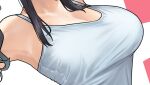  1girl armpits bare_shoulders black_hair blue_camisole breast_focus breasts camisole cleavage collarbone commentary_request head_out_of_frame huge_breasts kaedeko_(kaedelic) miyuki_sasaki_(kaedeko) original sidelocks simple_background solo taut_clothes upper_body white_background 