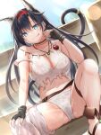  1girl :q absurdres animal_ear_fluff animal_ears aqua_eyes arknights bare_arms bare_shoulders bikini black_gloves black_hair blaze_(arknights) blush breasts brown_choker brown_footwear cat_ears cat_girl cat_tail choker cleavage closed_mouth collarbone day extra_ears feet_out_of_frame fingerless_gloves glint gloves hairband hand_on_own_knee hand_up highres jewelry large_breasts lens_flare long_hair looking_at_viewer navel necklace outdoors red_hairband sandals single_thighhigh sitting smile solo spread_legs strap_slip swimsuit tail tail_ornament tail_ring thigh_strap thighhighs tongue tongue_out very_long_hair wet wet_clothes white_bikini white_legwear yukinoshiro 