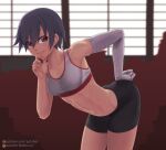  1girl abs bandages bike_shorts bra brown_eyes eyebrows_visible_through_hair kanbaru_suruga leaning_forward looking_at_viewer monogatari_(series) putcher short_hair shorts solo sports_bra sportswear thighs tomboy toned underwear 