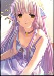  absurdres backlighting blonde_hair border brown_eyes chii chobits choker dress highres koutaro long_hair looking_at_viewer multicolored_hair parted_lips pov robot_ears scan sleeveless sleeveless_dress solo very_long_hair white_dress 