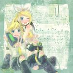  1girl bad_id bad_pixiv_id beamed_eighth_notes brother_and_sister eighth_note eighth_rest kagamine_len kagamine_rin kinohe musical_note natural_sign one_eye_closed paperclip quarter_note sheet_music siblings twins v vocaloid 