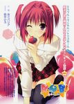  absurdres food fruit highres holding holding_food holding_fruit plaid plaid_skirt r_g_b red_eyes red_hair shiki_asahi skirt solo strawberry suzuhira_hiro thighhighs 