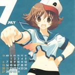  2008 amazuyu_tatsuki baseball_bat brown_eyes brown_hair calendar_(medium) hat highres july midriff navel school_uniform serafuku short_hair solo wanda_(wonder_festival) wonder_festival wonder_festival_mascots 