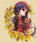  black_hair black_shirt carnelian chipmunk flower hairband kawakabe_momoka leaf long_hair long_sleeves looking_at_viewer red_eyes sepia_background shirt smile solo squirrel touka_gettan 