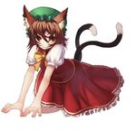  all_fours animal_ears bad_id bad_pixiv_id brown_eyes brown_hair cat_ears cat_tail chen fang hair_over_eyes hat highres kansou_samehada multiple_tails short_hair solo tail touhou 