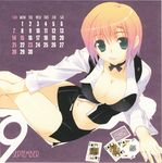  2008 amazuyu_tatsuki bow bowtie breasts calendar_(medium) cleavage croupier gradient_hair green_eyes highres large_breasts midriff miniskirt multicolored_hair pencil_skirt rio_rollins september short_hair skirt solo super_blackjack tongue 