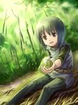  bottle brown_eyes edobox food food_on_face forest nature original pantyhose short_hair sitting solo 