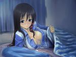  arm_support bed bed_sheet black_hair blanket blue_eyes blush breasts cleavage collarbone come_hither covered_nipples curtains long_hair lying medium_breasts michael no_bra on_side open_clothes open_shirt os-tan pillow sheet_grab shirt smile solo teasing under_covers xp-tan 