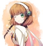  1girl breasts brown_hair flower green_eyes grin hairband leia_roland leia_rolando smile star tales_of_(series) tales_of_xillia v 