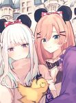  2girls :3 absurdres bangs bird black_headwear blue_hair blunt_bangs blush bow brown_hair colored_inner_hair disneyland hair_behind_ear hair_ornament hairclip hat highres lize_helesta long_hair looking_at_viewer minnie_mouse_ears monocle multicolored_hair multiple_girls nijisanji polka_dot polka_dot_bow sebastian_piyodore shosei_(shoseikanashimi) smile suzuhara_lulu top_hat virtual_youtuber white_hair 