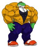  2019 5_fingers absurd_res anthro big_muscles bottomwear clothing coat fierglief fingers footwear frown hi_res huge_muscles hyper hyper_muscles male mario_bros muscular muscular_anthro muscular_male nintendo pants plantigrade shirt shoes simple_background solo standing topwear video_games white_background yoshi 