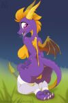  absurd_res activision airfly-pony breasts butt claws clothing crossgender digital_media_(artwork) dragon female genitals grass hi_res horn kneeling legwear looking_down nipples plant purple_body purple_eyes purple_scales pussy scales side_boob solo_focus spyro spyro_the_dragon stockings video_games wings 