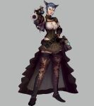  1girl animal_ears belt blue_hair boots breasts cat_ears cat_tail cleavage cleavage_cutout clothing_cutout commission facial_mark final_fantasy final_fantasy_xiv foreshortening full_body grey_background gun hand_on_hip highres holding holding_gun holding_weapon looking_at_viewer machinist_(final_fantasy) medium_breasts miqo&#039;te multicolored_hair short_hair skirt solo standing streaked_hair tail thigh_boots thighhighs thighhighs_under_boots vincent_andrada weapon whisker_markings 