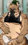  2021 alex168wang anthro asian_clothing balls belly blush bodily_fluids brown_body brown_fur bulge canid canine canis clothed clothing domestic_dog east_asian_clothing erection erection_under_clothing fundoshi fur genital_fluids genitals hi_res japanese_clothing kemono male mammal overweight overweight_anthro overweight_male penis precum scar shirt solo tokyo_afterschool_summoners topwear underwear video_games yasuyori 