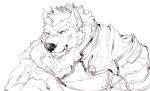  5_fingers anthro armor breastplate canid canine canis cape child claws clothed clothing eyes_closed facial_hair facial_scar fallen_angel fingers fur hair hug humanoid_hands larger_anthro mammal marchosias_(tas) omochi_kuitai scar size_difference tokyo_afterschool_summoners topwear video_games wolf young 
