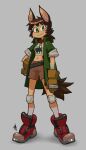  2021 animal_humanoid bottomwear canid canid_humanoid clothing collar cute_fangs dogbomber female gloves green_eyes grey_background handwear humanoid jacket looking_at_viewer mammal mammal_humanoid shirt shorts simple_background smile solo standing topwear 