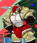  2018 absurd_res anthro bell belt big_bulge big_muscles big_pecs black_nipples boots bottomwear bulge canid canine canis christmas christmas_clothing christmas_headwear christmas_tree clothing dallas_the_swolgi decoration dialogue domestic_dog earpiece english_text facial_piercing fierglief footwear gift gloves grin handwear hat headgear headwear herding_dog hi_res holding_object holidays huge_bulge huge_muscles hyper hyper_bulge hyper_muscles looking_at_viewer male mammal muscular muscular_anthro muscular_male nipples nose_piercing pants pastoral_dog pecs pierced_lips piercing plant santa_hat smile solo speech_bubble standing text tree welsh_corgi 