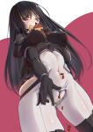  1girl alice_gear_aegis black_hair bodysuit breasts candy chocolate chocolate_heart covered_navel covered_nipples cowboy_shot food heart highres kagome_misaki keyfanjun long_hair looking_at_viewer looking_down medium_breasts mole mole_under_eye purple_eyes solo 