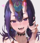  1girl absurdres black_choker blush choker collarbone earrings eyebrows_visible_through_hair eyelashes fangs fate/grand_order fate_(series) fingernails forehead_jewel freng grey_background hair_between_eyes heart highres horns jewelry lips looking_at_viewer medium_hair oni_horns open_mouth portrait purple_eyes purple_hair sharp_fingernails shuten_douji_(fate) shuten_douji_(halloween_caster)_(fate) simple_background smile solo sweatdrop thick_eyebrows 