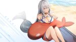  1girl absurdres arknights bangs bare_legs bare_shoulders beach black_choker breasts choker cleavage commentary cup drinking_glass feet_out_of_frame grin hair_between_eyes highres holding holding_cup long_hair no_hat no_headwear ocean off-shoulder_shirt off_shoulder red_eyes shirt silver_hair sitting skadi_(arknights) skadi_(waverider)_(arknights) smile solo suiiryu thighs very_long_hair white_shirt 