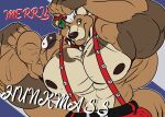  2018 5_fingers anthro big_muscles big_pecs black_nipples clothed clothing english_text fierglief fingers flexing hi_res holding_object huge_muscles huge_pecs hyper hyper_muscles looking_at_viewer male mammal mistletoe muscular muscular_anthro muscular_male nipples overalls pecs plant postcard smile solo text topless veiny_muscle yin_yang 