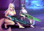  2021 allie_(alysthewolf) anthro australian_shepherd biped black_nose blue_eyes breasts canid canine canis carol_(shepherdpup) claws crouching detailed_background domestic_dog duo english_text female fur genitals grey_body grey_fur gun herding_dog holding_gun holding_object holding_weapon inner_ear_fluff mammal multicolored_body multicolored_fur nipples nude open_mouth pastoral_dog pink_nipples pussy ranged_weapon romanginzburg sheepdog signature text tuft weapon white_body white_fur wolf yellow_body yellow_fur 