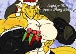  2018 5_fingers anthro armwear bag big_muscles big_pecs christmas christmas_clothing christmas_headwear clothed clothing countershading dragon elbow_gloves english_text fierglief fingers gift gloves handwear hat headgear headwear hi_res holding_object holidays huge_muscles hyper hyper_muscles looking_at_viewer male muscular muscular_anthro muscular_male pecs santa_hat scalie smile solo text topless western_dragon white_countershading 