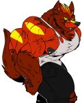  2018 absurd_res anthro big_pecs black_nipples bottomwear canid canine clothing earpiece eyewear fangs fierglief fierglief_(character) glasses hi_res huge_muscle looking_at_viewer male mammal muscular muscular_anthro muscular_male nipple_piercing nipples pants pecs piercing simple_background smile solo sweatshirt torn_clothing veiny_muscle were werecanid werecanine werefox white_background yellow_eyes 