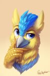 2021 2:3 absurd_res anthro avian beak blue_body blue_eyes blue_feathers bust_portrait claws darkeng english_text eyebrows fan_character feathers fur gryphon hi_res jedayskayvoker looking_at_viewer male mythological_avian mythology portrait raised_eyebrow signature simple_background smile solo tan_background text thinking yellow_body yellow_feathers yellow_fur 