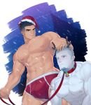  2boys abs antlers bara bell bell_collar blue_eyes blush boxer_briefs bulge bursting_pecs christmas collar colored_skin facial_hair goatee hand_on_another&#039;s_head hat highres hunterkay large_pectorals leash male_focus male_underwear mature_male multiple_boys muscular muscular_male navel nipples original pectorals red_collar reindeer_antlers santa_hat short_hair sideburns smile snowing stomach thick_thighs thighs undercut underwear underwear_only white_skin yaoi 