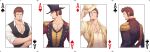  1boy 47 ace_of_clubs ace_of_diamonds ace_of_hearts ace_of_spades alternate_costume back bara beige_jacket beige_shirt black_vest blue_eyes brown_hair epaulettes facial_hair fate/grand_order fate_(series) from_side frown goatee hat hat_removed headwear_removed highres ladies_&amp;_gentlemen_(fate/grand_order) long_sideburns looking_at_another looking_to_the_side male_cleavage male_focus mature_male military military_uniform muscular muscular_male napoleon_bonaparte_(fate) official_alternate_costume partially_unbuttoned pectorals poker sash scar scar_on_chest scarf shirt short_hair sideburns smile top_hat uniform upper_body vest welcome_to_the_travelling_circus! white_shirt yellow_scarf 