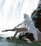  anthro breasts brown_body brown_fur canid canine clothing dipstick_tail eyes_closed female fox fur gloves_(marking) hair kikurage mammal markings multicolored_tail orange_body orange_fur partially_submerged sitting solo translucent translucent_clothing waterfall wet wet_clothing white_hair 