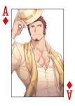  1boy 47 ace_of_diamonds bara beige_jacket beige_shirt black_vest blue_eyes brown_hair facial_hair fate/grand_order fate_(series) goatee hat hat_removed headwear_removed ladies_&amp;_gentlemen_(fate/grand_order) long_sideburns male_cleavage male_focus mature_male muscular muscular_male napoleon_bonaparte_(fate) official_alternate_costume partially_unbuttoned pectorals poker scar scar_on_chest scarf short_hair sideburns smile solo upper_body vest yellow_scarf 