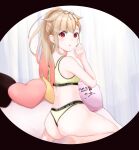  1girl alternate_hairstyle ass bed black_ribbon blonde_hair bra character_name clothes_writing curtains from_behind gradient_hair hair_flaps hair_ornament hair_ribbon hairclip heart heart_pillow highres kantai_collection kneeling long_hair looking_at_viewer multicolored_hair panties pillow red_eyes remodel_(kantai_collection) ribbon solo sports_bra underwear underwear_only velchi yellow_bra yellow_panties yuudachi_(kancolle) 