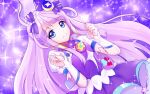  1girl blue_eyes bow closed_mouth crescent crescent_earrings cure_selene dated dress earrings hair_bow jewelry kaguya_madoka long_hair looking_at_viewer magical_girl precure purple_background purple_bow purple_dress purple_hair purple_theme sidelocks signature smile solo sparkle star_twinkle_precure teketeke upper_body wrist_cuffs 