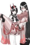 2girls bangs black_hair blush bob_cut breasts carrying chichizuki_(manman-ya) commentary_request eyeliner fangs fate/grand_order fate_(series) horns large_breasts long_hair makeup minamoto_no_raikou_(fate) multiple_girls oni_horns parted_bangs princess_carry red_eyes shiny shiny_clothes short_hair shuten_douji_(fate) skin-covered_horns small_breasts sweatdrop very_long_hair 