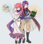  1boy 1girl absurdres angry belt book boots cloak cross-laced_footwear dress elbow_gloves erk_(fire_emblem) eye_contact fang fire_emblem fire_emblem:_the_blazing_blade full_body gloves grey_hair grimoire happy highres holding holding_staff lace-up_boots long_hair long_sleeves looking_at_another open_mouth pink_eyes pink_hair purple_eyes purple_hair sash scarf serra_(fire_emblem) short_hair shorts simple_background skin_fang sleeveless sleeveless_dress staff tokuhoncil twintails white_dress white_gloves 