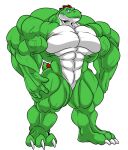  2019 3_toes 5_fingers absurd_res anthro big_muscles countershading featureless_crotch feet fierglief fingers frown hi_res huge_muscles hyper hyper_muscles male mario_bros muscular muscular_anthro muscular_male nintendo nude plantigrade simple_background solo standing toes veiny_muscle video_games white_background white_countershading yoshi 
