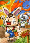  2004 anthro bottomwear brown_body brown_fur brown_nose carrot clothing detailed_background duo eyes_closed food fur lagomorph leporid low_res male mammal neginoheya outside plant rabbit shorts vegetable white_body white_fur 