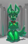  2020 animate_inanimate anthro astralantipode black_nose blush breasts canid canine canis collar collar_only domestic_dog female green_eyes grey_body hair inflatable kneeling living_inflatable looking_up mammal nozzle short_hair smile solo 