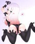  1girl absurdres anne_(bravely_second) antenna_hair ass bare_shoulders black_footwear black_gloves black_legwear black_leotard blue_eyes boots bravely_default_(series) bravely_second:_end_layer breasts commission commissioner_upload fairy from_behind gloves hands_together heart high_heels highres legs legs_up leotard long_hair looking_at_viewer looking_back lying no_wings on_stomach open_mouth pixiv_request pointy_ears sideboob small_breasts smile solo spoken_heart strapless strapless_leotard thigh_boots thighhighs thighs tight trefoil white_hair zangi_(lkt2012) 