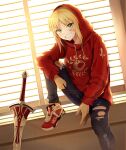  1girl bandaid bandaid_on_face blinds blonde_hair chaldea_logo clarent_(fate) closed_mouth contemporary fang fate/grand_order fate_(series) green_eyes grin highres hood hood_up hoodie jacket knee_up long_hair long_sleeves mordred_(fate) mordred_(fate)_(all) pants shoes smile sneakers soda_smoothies solo sword torn_clothes torn_pants weapon window 