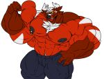  2018 5_fingers absurd_res alternate_species anthro antlers big_muscles big_pecs black_nipples body_hair bottomwear cervid cervine chest_hair clothed clothing eyewear fierglief fierglief_(character) fingers fist flexing fur glasses grin hand_on_hip hi_res horn huge_muscles hyper hyper_muscles looking_at_viewer male mammal muscular muscular_anthro muscular_male nipple_piercing nipples pants pecs piercing red_body red_fur smile solo topless yellow_eyes 
