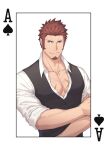  1boy 47 ace_of_spades alternate_costume bara black_vest blue_eyes brown_hair facial_hair fate/grand_order fate_(series) goatee long_sideburns male_cleavage male_focus mature_male muscular muscular_male napoleon_bonaparte_(fate) partially_unbuttoned pectorals poker scar scar_on_chest shirt short_hair sideburns smile solo upper_body vest white_shirt 